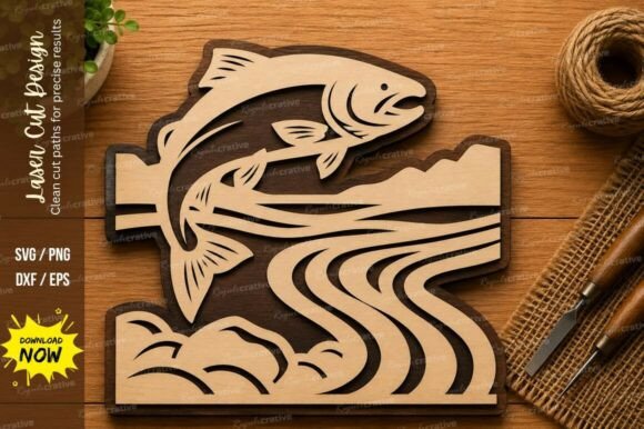 Jumping Fish River SVG | Fishing Laser Cutting Design